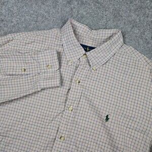 Ralph Lauren Button Down Shirt Mens XXL Tan Plaid Pony Logo Classic Preppy